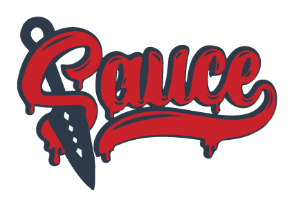Sauce script wordmark with knife